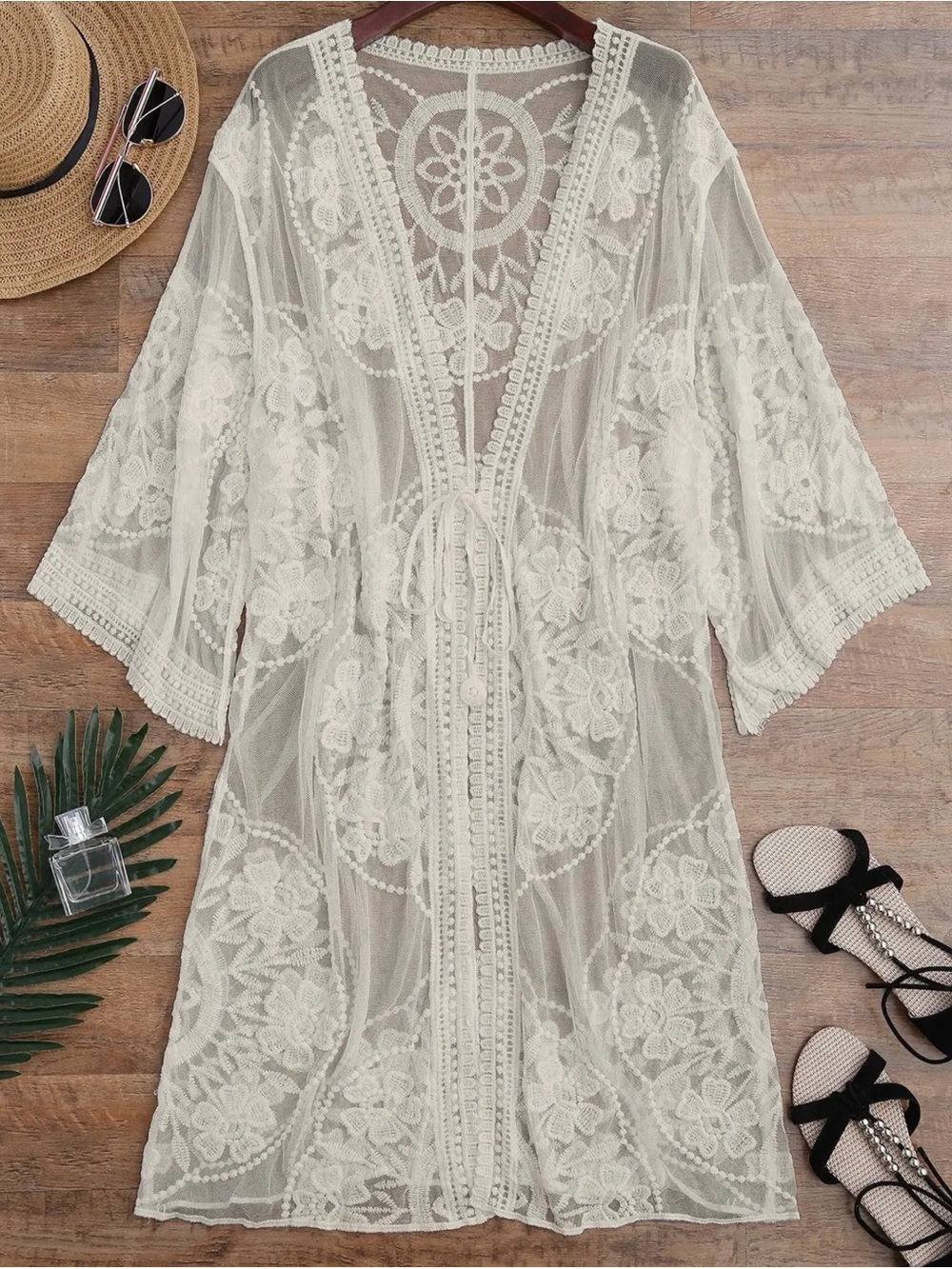 Zaful White Floral Lace Sheer Swim Coverup Kimono